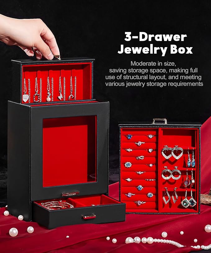 Homde Jewelry Organizer Girls Women Jewelry Box for Necklaces Rings Earrings Gift Bracelets Storage Case (Black + Red + Gold) - Image 8