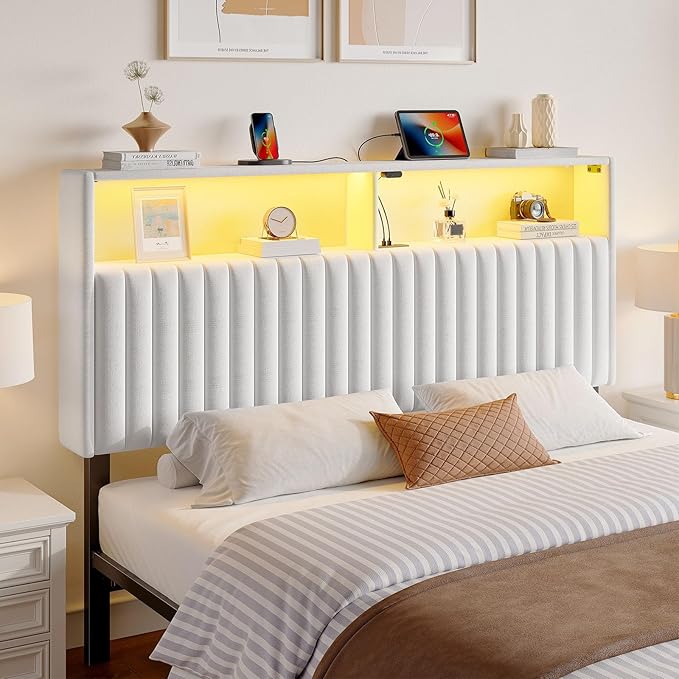 Rolanstar Headboard for Full Size Bed with Storage, 60,000 DIY Color of LED Light, Head Board with USB & Type C Port, Height Adjustable, Velvet Upholstered, Comfortable Modern, Light White