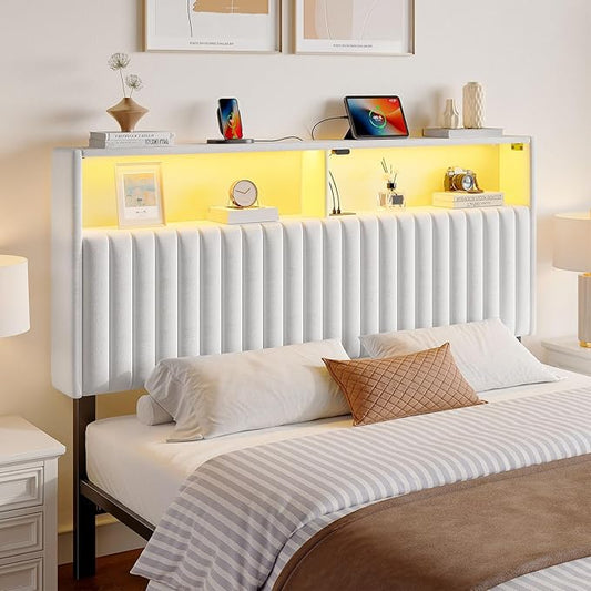 Rolanstar Headboard for Full Size Bed with Storage, 60,000 DIY Color of LED Light, Head Board with USB & Type C Port, Height Adjustable, Velvet Upholstered, Comfortable Modern, Light White