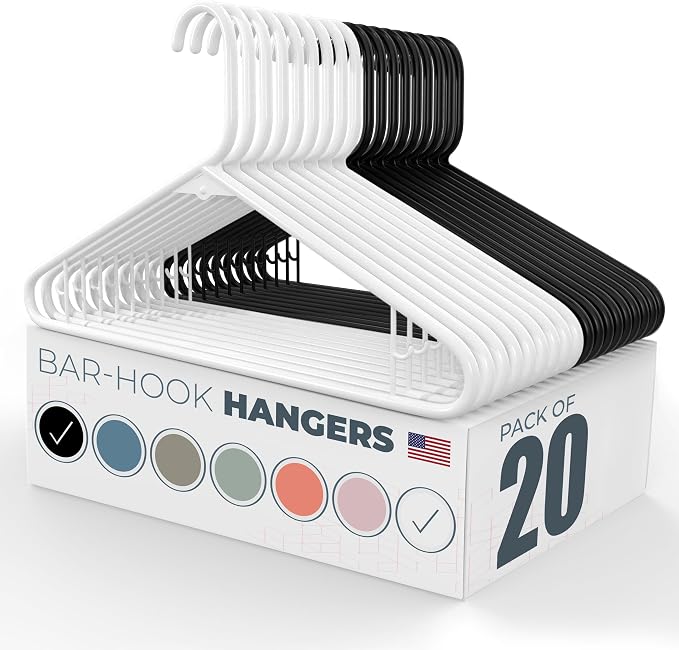 Neaties Plastic Hangers 20 Pack - Made in the USA - 6lb Capacity Standard Clothes Hangers with Strap Hooks for Dresses, Lingerie, Shirts, Pants, and Jackets - White & Black by NeatiesHangers