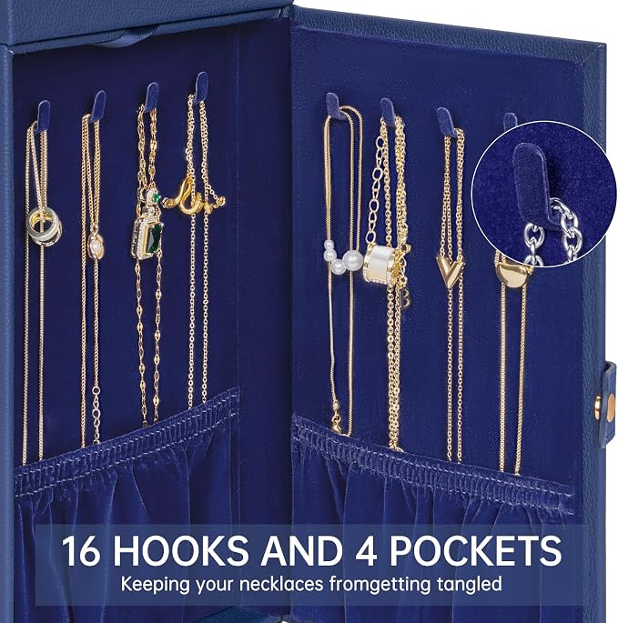 AKOZLIN 6-Tier Jewelry Box Organizer Functional 5 Drawers Leather Jewelry Storage Case for Women Girls Ring Necklace Earring Bracelet Holder Organizer with Mirror Blue - Image 6