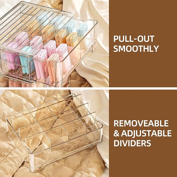 Underwear Drawer Organizer, Plastic Bra Storage Organizer for Closet, Bra Shelf Organizer, Clear Plastic Bra Drawers Stackable Pull Out Drawer Closet Organizer for Belts, Ties, Scarf - Image 6