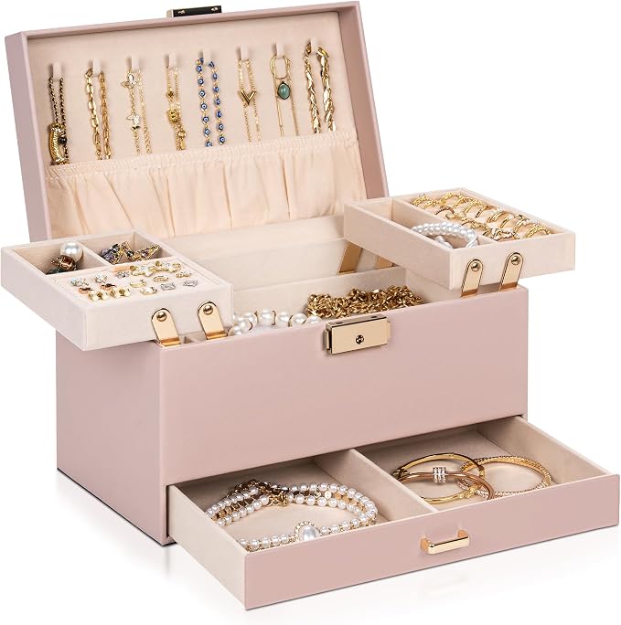 AKOZLIN Travel Jewelry Box Organizer Functional 2-trays Leather Jewelry Storage Case with Lockable Portable Drawer for Women Girls Ring Necklace Earring Bracelet by AKOZLIN