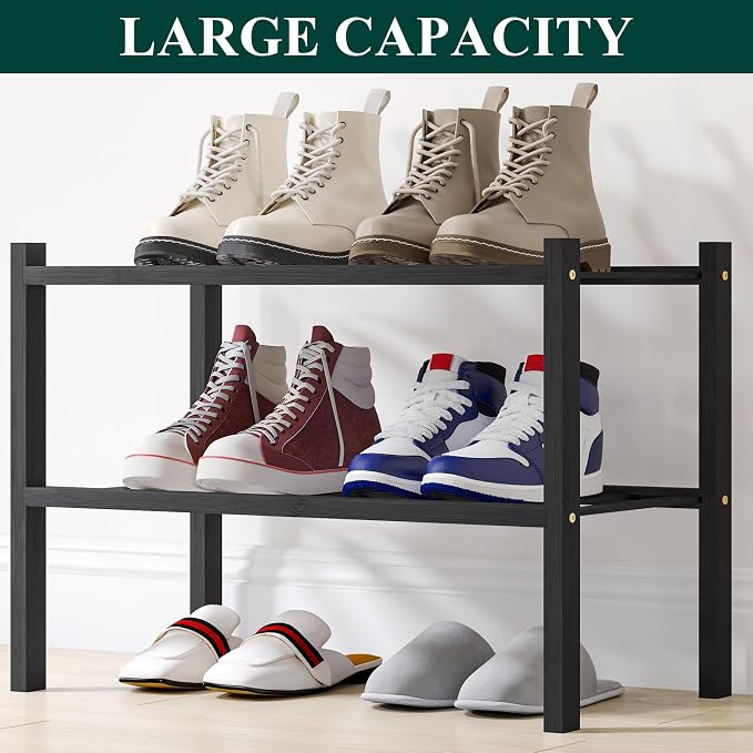 Smiry Shoe Rack, 2 Tier Small Bamboo Shoe Organizer, Stackable Free Standing Wooden Shoe Storage Shelf for Closet, Entryway, Front Door Entrance, Black - Image 5