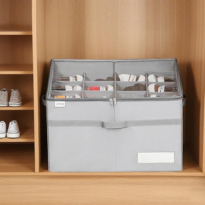 LUVHOMEE Shoe Organizer for Closet, Fits 16 Pairs, Large Shoe Box Storage Containers, Clear Foldable Shoe Storage Bins w/Bottom Support, Space Saving Shoes Holder w/Reinforced Handles, Gray - Image 8