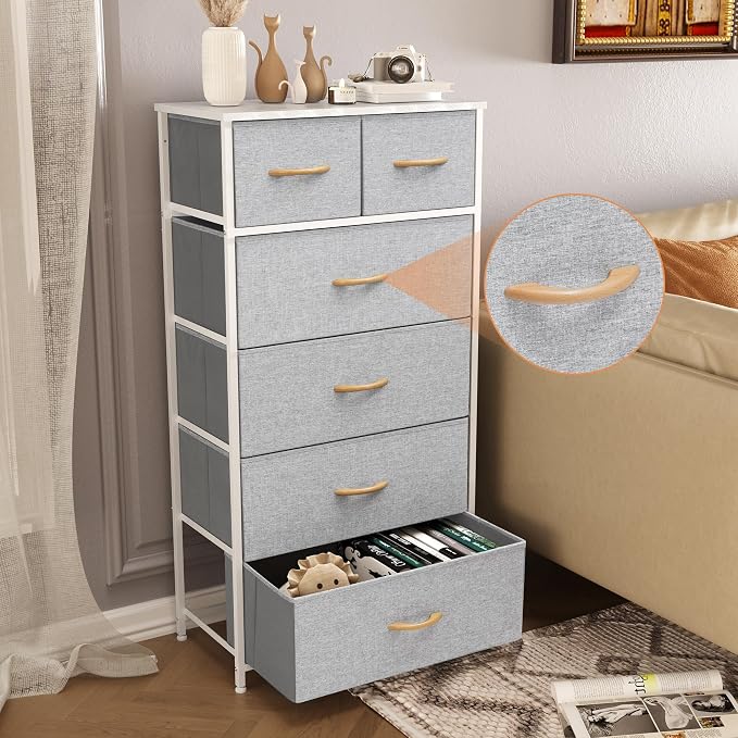 Fabric Dresser for Bedroom, Tall Skinny Dresser with 6 Drawers, Storage Organizer Tower, Steel Frame Wooden Top for Closet, Living Room, Hallway(Light Gray) - Image 6