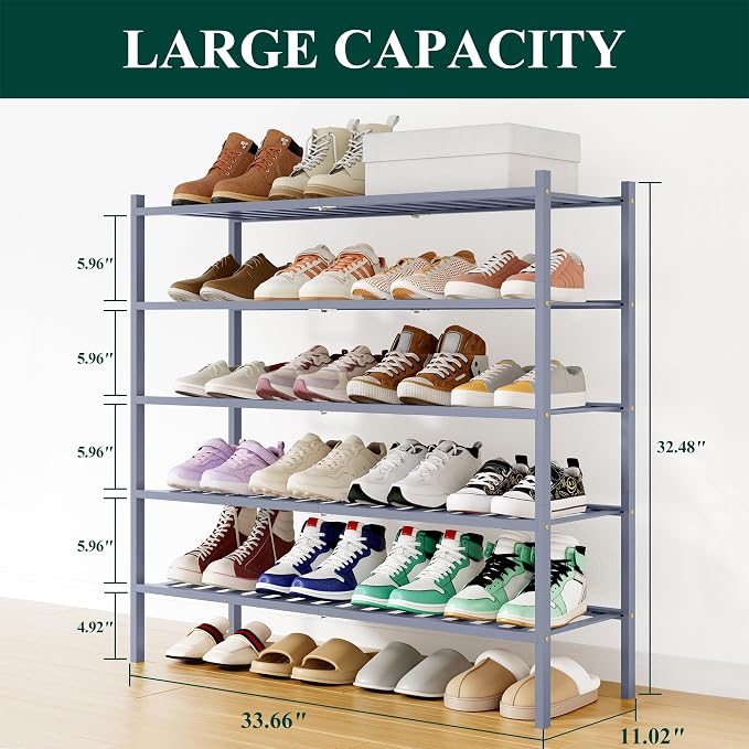 Smiry Shoe Rack, 5 Tier Long Bamboo Shoe Organizer, Stackable Free Standing Wooden Shoe Storage Shelf for Closet, Entryway, Front Door Entrance, Grey - Image 2