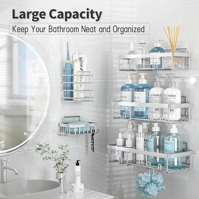 Liuoud 5 Pack Shower Caddy Organizer Rack Shelf for Inside Shower, Self Adhesive Bathroom Wall Storage Basket Rustproof Stainless Steel Large Capacity Shampoo Holder, Silver - Image 3