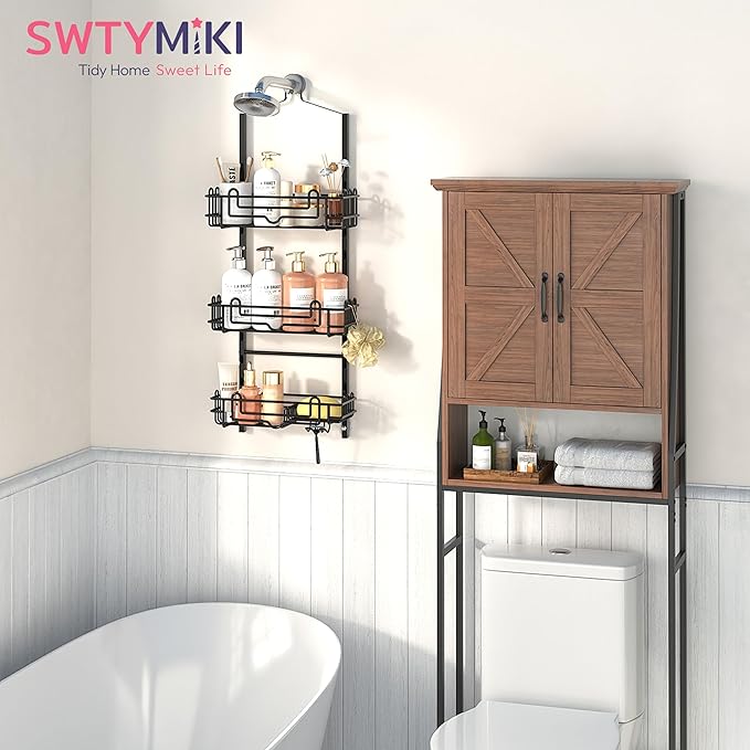 SWTYMIKI Shower Caddy Hanging Organizer - 3-Tier Rustproof Shower Organizer Over Showerhead with Adjustable Baskets, 24 Hooks, Soap & Razor Holder - No Drill Large Bathroom Storage Rack, Black - Image 2