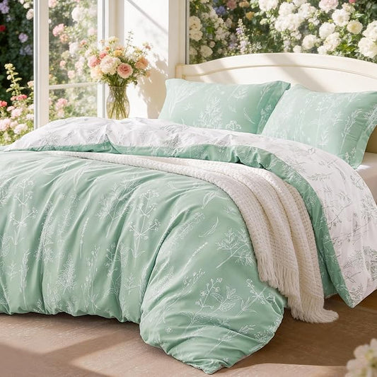 Love's cabin Comforter King Size Set - Sage Green King Comforter Set, 3 Pieces Cute Floral Bedding Sets for All Seasons,1 Soft Reversible Botanical Flowers Comforter and 2 Pillow Shams