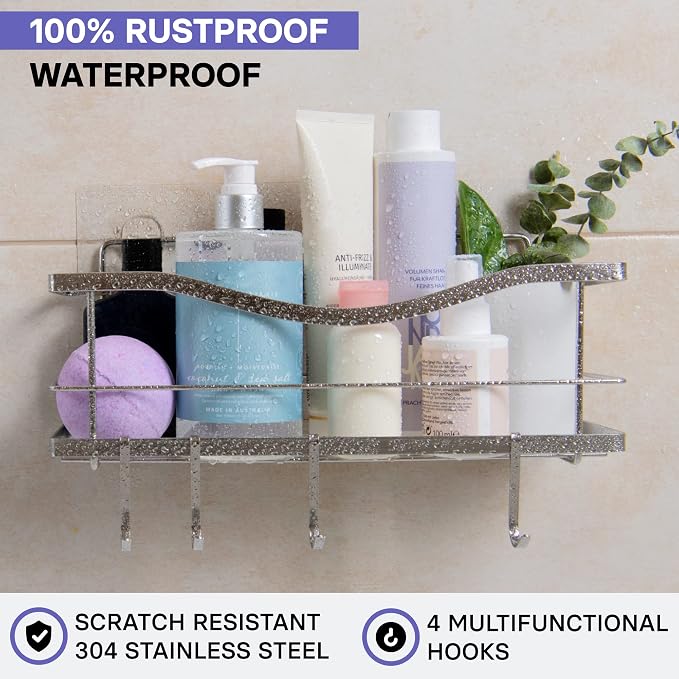 KINCMAX Premium Shower Caddy - Self Adhesive Shower Organizer with 4 Hooks, Rustproof Stainless Steel Shower Rack for Bathroom, Silver - Image 2