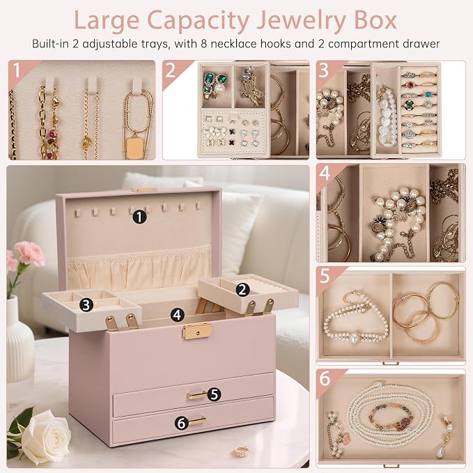 AKOZLIN Travel Jewelry Box Organizer Functional 2-trays Leather Jewelry Storage Case with Lockable Portable 2 Drawers for Women Girls Ring Necklace Earring Bracelet - Image 4