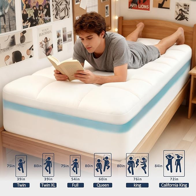 Dual Layer 4 Inch Memory Foam Twin XL Mattress Topper for College Dorm, 2 Inch Cooling Gel Memory Foam and 2 Inch Down Alternative Pillow Top Mattress Pad Cover 8-24 Inch Deep Pocket