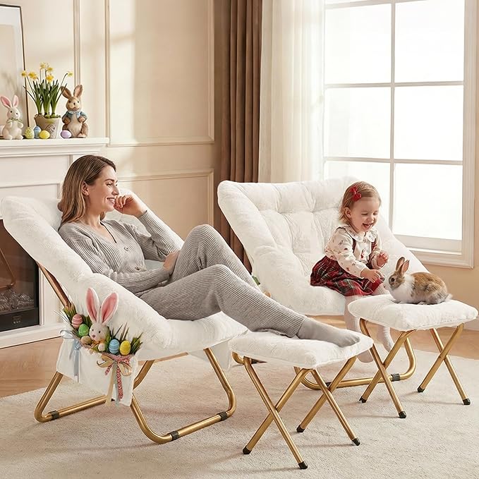 Kasunpul Comfy Saucer Chair, Foldable Living Room Chairs, Soft Faux Fur Lounge Chair for Bedroom, Reading Chairs for Adults, Teens, X-Large (White)