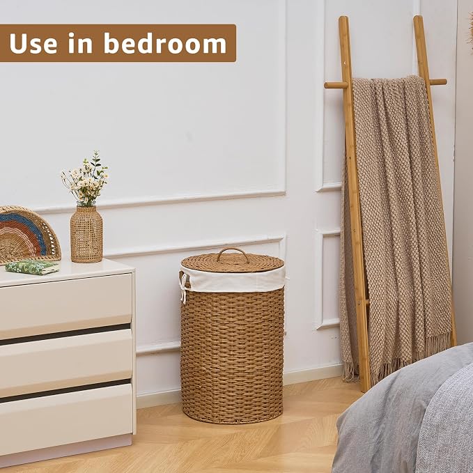 Round Wicker Laundry Hamper with Lid Handwoven Rattan Basket with Handles for Dirty Clothes, 2 Washable Liner Bags, No Assembly Required, Washable Basket, 60L - Image 2