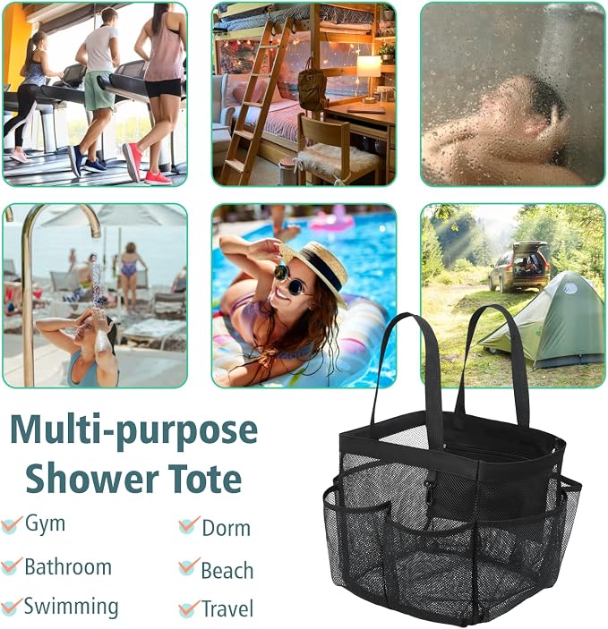 F-color Mesh Shower Caddy Portable, X Large 7 Deeper Pockets Shower Bag Basket Tote for College Dorm Room Bathroom Essentials Gym Camp Quick Dry 2 handles with S Hook, 2 Pack Black - Image 6