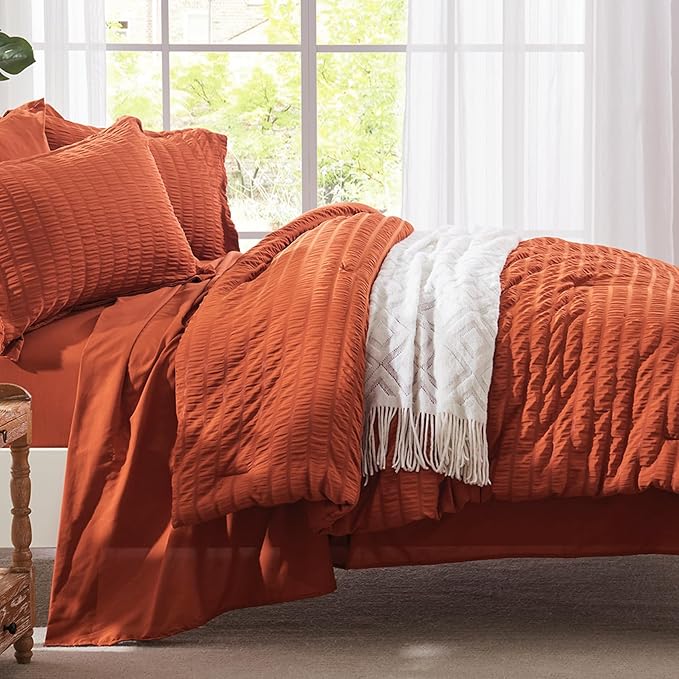 Zzlpp Twin Comforter Set 5 Pieces, Burnt Orange Seersucker Bed in a Bag with Comforter and Sheets, Lightweight Bedding Sets with 1 Comforter, 1 Pillow Sham, 1 Pillowcase, 1 Flat Sheet, 1 Fitted Sheet