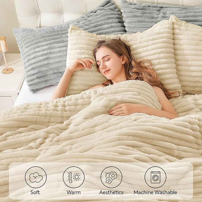 BEDELITE Fleece Queen Comforter Set -Super Soft & Warm Fluffy Beige Bedding, Luxury Fuzzy Heavy Bed Set for Winter with 2 Pillow Cases