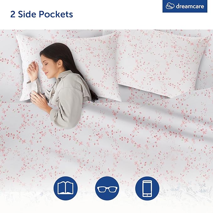 DREAMCARE Twin Sheets - 3 pcs Breathable Cooling Bed Sheets - up to 15" Deep Pocket Twin Bed Sheets with Side Pockets - Extra Soft 100% Brushed Hypoallergenic Hotel Luxury Bedding - Floral Blossom
