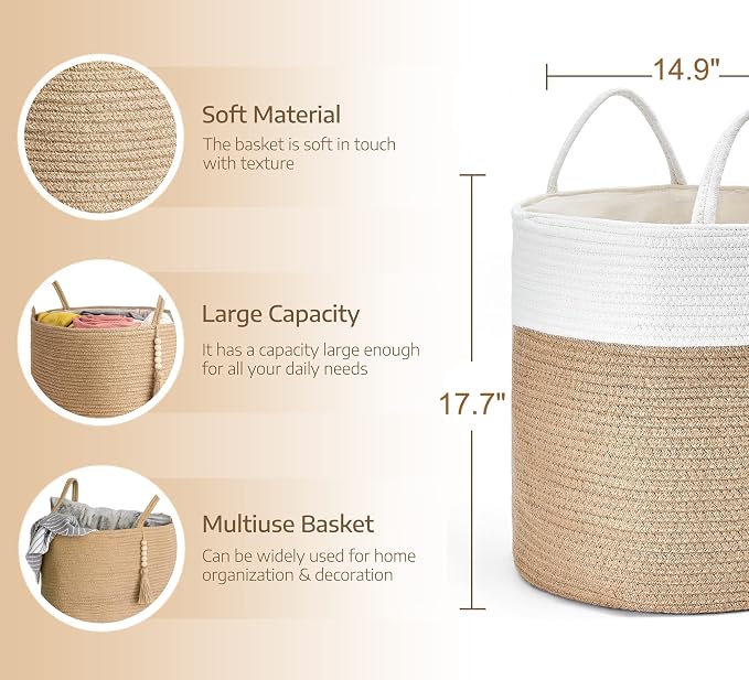 Mkono Woven Storage Basket Decorative Rope Basket Wooden Bead Decoration for Blankets,Toys,Clothes,Shoes,Plant Organizer Bin with Handles Living Room Home Decor, 15"Wx17.7"L,White and Yellow - Image 3