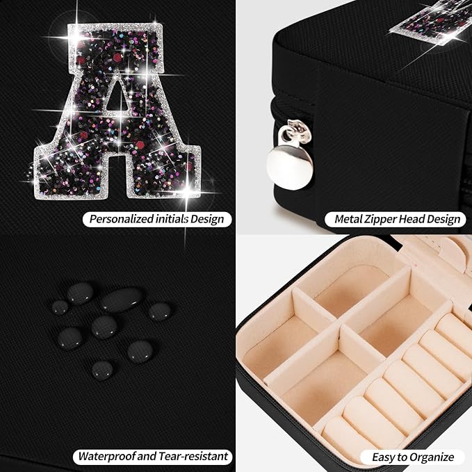 Uygafly Travel Jewelry Case - Personalized Jewelry Box for Women,Small Cute Jewelry Organizer Storage Aesthetic,Travel Essentials Birthday Gifts | Black,A - Image 4