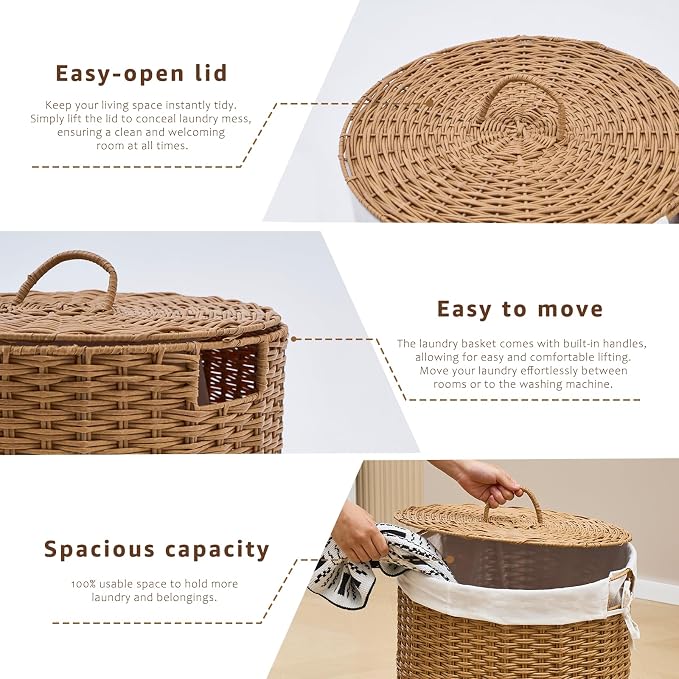 Round Wicker Laundry Hamper with Lid Handwoven Rattan Basket with Handles for Dirty Clothes, 2 Washable Liner Bags, No Assembly Required, Washable Basket, 90L - Image 2