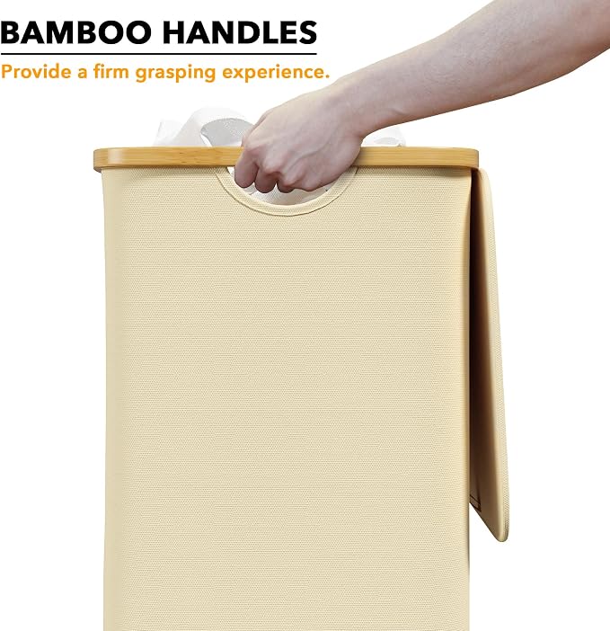 SpaceAid Laundry Hamper with Lid, 110L Large Tall Clothes Basket Bin with Bamboo Handles, Collapsible Laundry Hamper for Bedroom, Bathroom, Dorm, Laundry Room - Beige - Image 3