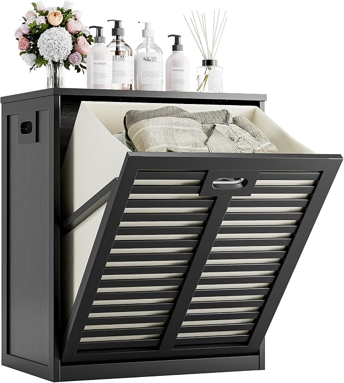 HITNET Tilt Out Laundry Hamper, Bamboo Laundry Cabinet with Pull Out Removable Bag, 20 Gal Clothes Basket with Metal Handle for Bathroom Kitchen, Black by HITNET
