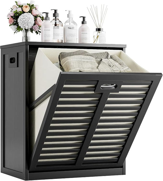 HITNET Tilt Out Laundry Hamper, Bamboo Laundry Cabinet with Pull Out Removable Bag, 20 Gal Clothes Basket with Metal Handle for Bathroom Kitchen, Black by HITNET