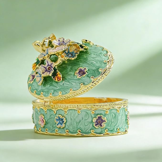YU FENG Enamel Butterfly Trinket Box Jewelry Organizer, Decorative Hinged Keepsake Box – Green Floral Butterfly Box - Image 4