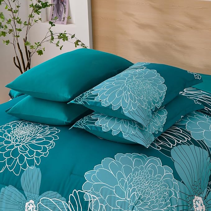 Yiran Teal Floral Comforter Set King 7 Pieces Bed in a Bag Soft Microfiber Bedding Set with 1 Comforter 1 Flat Sheet 1 Fitted Sheet 2 Pillowshams and 2 Pillowcases 104''x90''