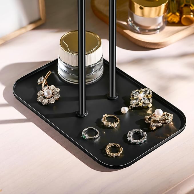 pickpiff Necklace Holder Jewelry Organizer Stand – 2‑Tier T‑Bar Jewelry Display Tree with Tray for Countertop Necklace Bracelet Earring Storage, Vanity Dresser Bathroom Sink, Black - Image 3