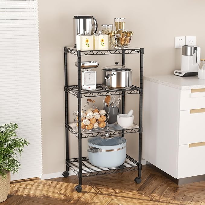 SINGAYE 4 Small Shelves Storage Shelf Wire Shelving Unit Metal Shelf Adjustable Organizers Storage Shelving with Wheels for Bathroom Laundry Room Kitchen Pantry11.5”D x 17.5”W x 30.5”H Black - Image 8