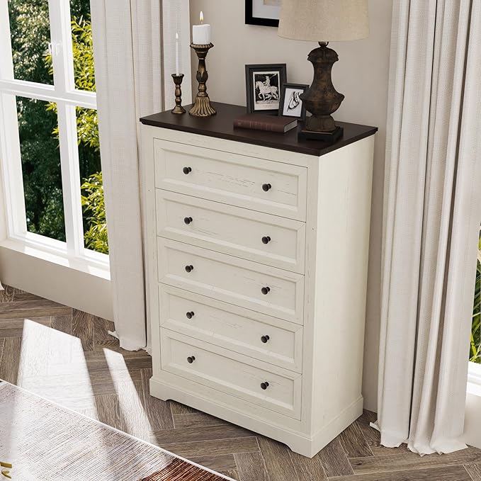 KIGOTY Farmhouse Bedroom Set, 3 Pcs Dresser and Nightstand Sets, 5 Drawer Dresser & 2 Drawer Nightstand Set with Charging Station,Rustic Wood Bedroom Furniture Set for Home,White