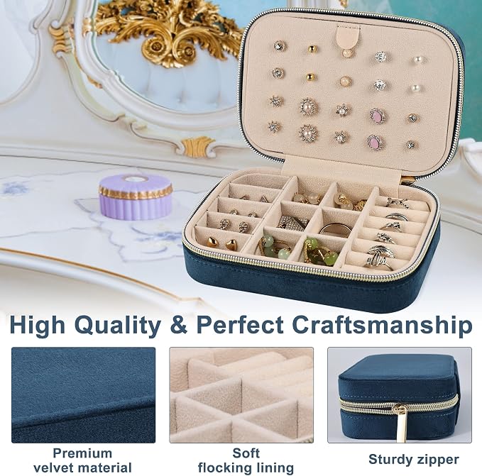 Dajasan Velvet Jewelry Travel Case, Small Travel Jewelry Box, Portable Travel Jewelry Organizer Box for Earrings Bracelets Rings Necklace (Blue) - Image 4