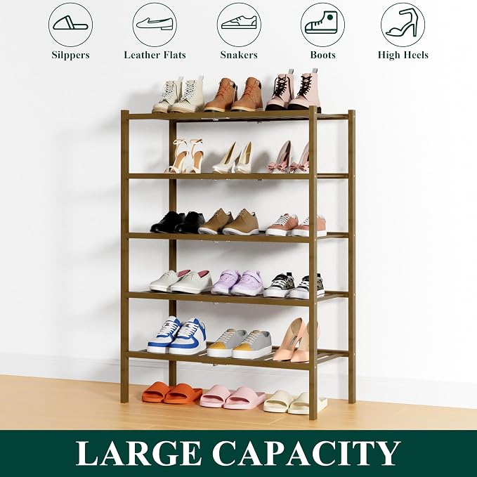 Smiry Shoe Rack, 5 Tier Thick Bamboo Shoe Organizer, Stackable Free Standing Wooden Shoe Storage Shelf for Closet, Entryway, Front Door Entrance, Walnut - Image 6