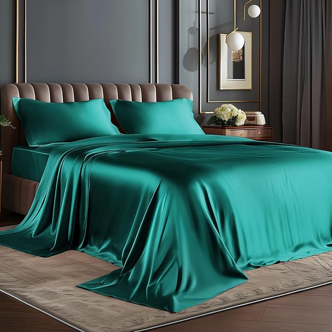 BEDELITE Satin Sheets Twin XL Size Bed Set, Luxury Soft Teal Silky Sheets for Hair and Skin, Similar to Silk Bed Sheets Set 3 Pieces （1 Deep Pocket Fitted Sheet, 1 Flat Sheet, and 1 Pillowcase）
