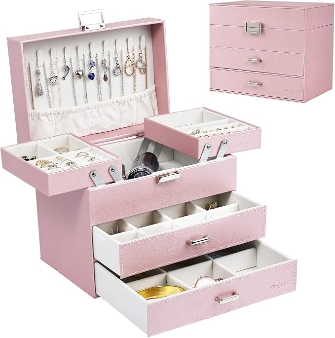 Dajasan Jewelry Boxes for Women Girls, Jewelry Storage Organizer, 4 Layers Large Jewelry Organizer Box with 2 Drawers for Friends, Wife or Mother Gift (Pink) by DAJASAN