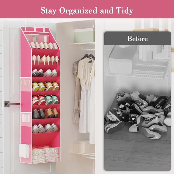 Criusia Shoe Storage, Over the Door Shoe Organizer, Hanging Closet Shoe Storage with Large Deep Pockets, Fits 16–24 Pairs of Sneakers, Sandals, Boots, Pink - Image 2