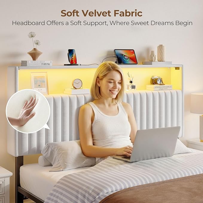 Rolanstar Headboard for Queen Size Bed with Storage, 60,000 DIY Color of LED Light, Head Board with USB & Type C Port, Height Adjustable, Velvet Upholstered, Comfortable Modern, Light White