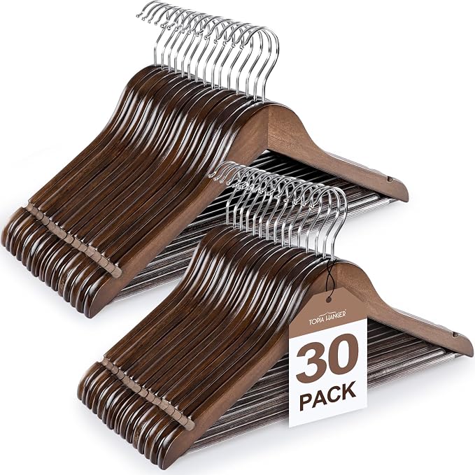 TOPIA HANGER Wooden Coat Hangers 30 Pack, Vintage Wood Suit Hangers with Non Slip Pants Bar, 360° Swivel Hook and Shoulder Notches for Camisole, Jacket, Pants, Smooth Finish Clothes Hangers - CT34A30 by TOPIAHANGER