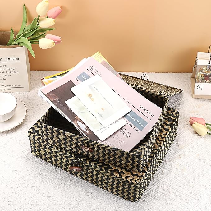 Hipiwe Woven Storage Basket with lid - Flat Wicker Storage Baskets Bins Natural Seagrass Storage Baskets Box for Shelf Home Decor, Set of 2, Blacks Strips - Image 4