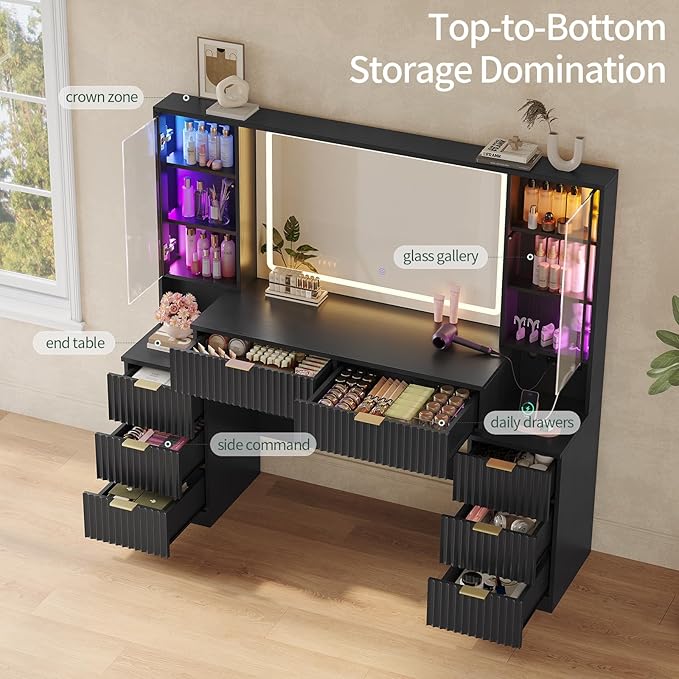 HAUOMS Big Vanity, 59.1" Fluted Wood Makeup Vanity Desk with Mirror and Sound Sync LED Lights, Large Vanity Dressing Table, 8 Drawers, 2 Glass Cabinets, with Charging Station for Girls, Women (Black)