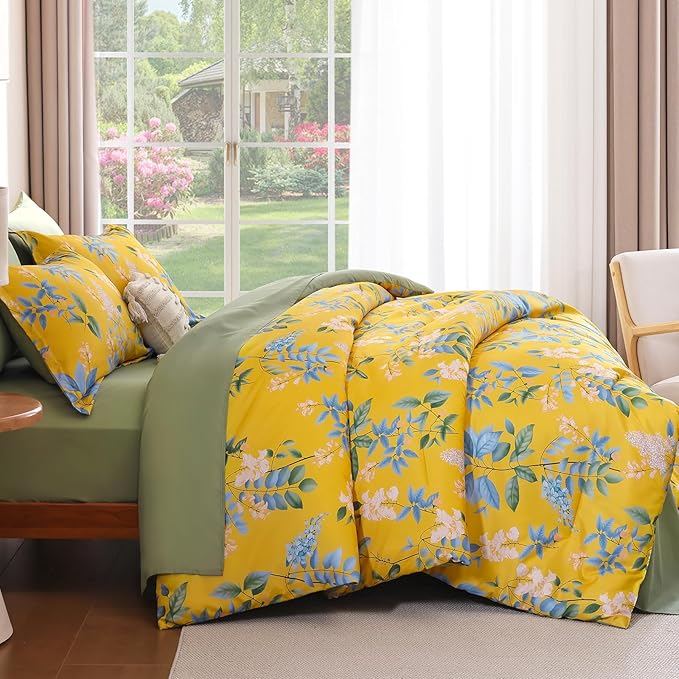 Cottolester Floral Comforter Set Queen Size,7-Piece Yellow Green Comforter Bed in A Bag,Botanical Comforter Set with Pillowcases,Soft Microfiber Complete Bedding Sets for All Season