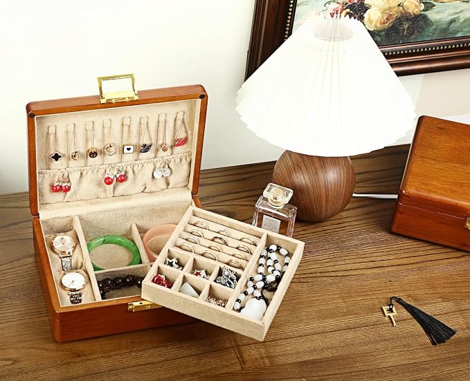Solid Walnut Wood Jewelry Organizer Box with Lock, 2-Layer Vintage Jewelry Box for Men Women, Velvet-Lined Storage for Earrings Rings Necklaces Bracelets Watches Perfect Father Day Gift Khaki - Image 5