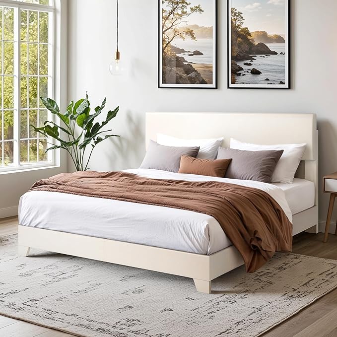 SHA CERLIN Full Size Bed Frame with Adjustable Headboard, Faux Leather Upholstered Platform Bed with Wood Slats, Stable Mattress Foundation,No Box Spring Needed, Off-White