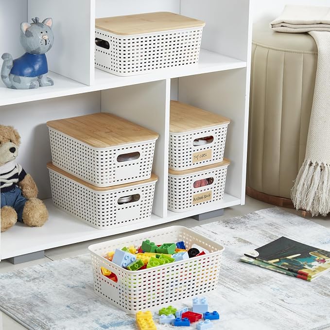 Bagnizer Small Plastic Storage Bins with Bamboo Lids 5.2qt Stackable Box Basket Pantry Decorative Containers Cute with Labels for Organizing Desktop Closet Office Cream White of 6 packs 10*7.2*4.1" - Image 4