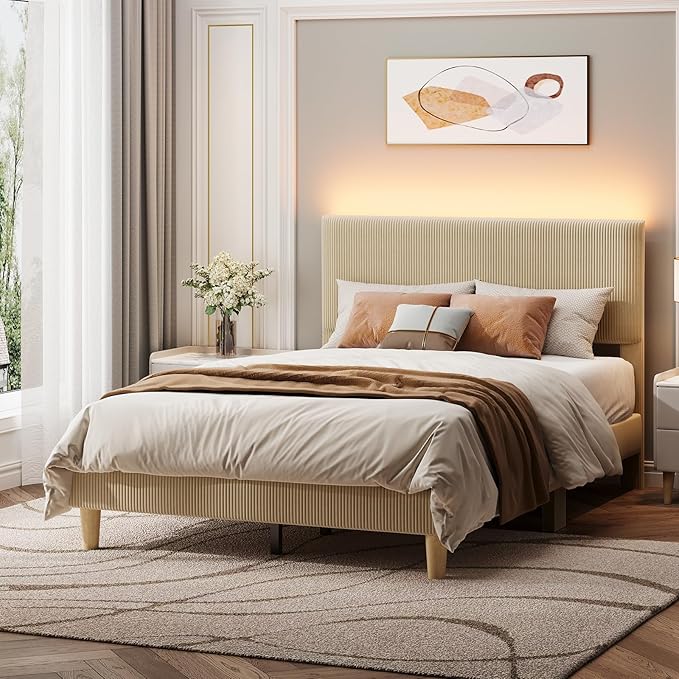 Bestier Full Size Bed Frame with Adjustable Headboard,LED Lighting,Vertical Channel Tufted Corduroy Upholstered, Solid Wooden Slats Support,No Box Spring Needed,Never Squeaks,Easy Assembly, Taupe