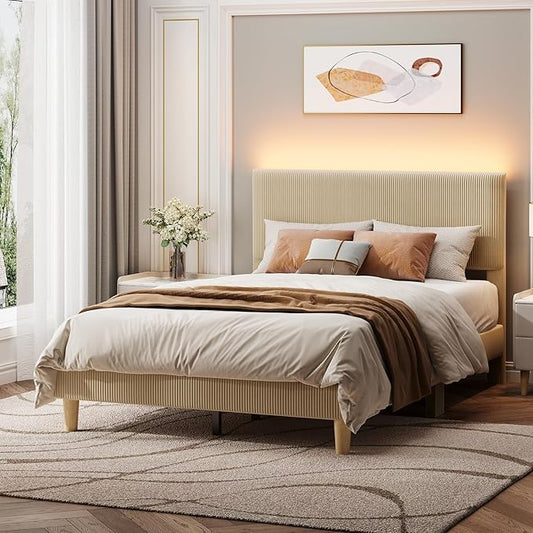 Bestier Full Size Bed Frame with Adjustable Headboard,LED Lighting,Vertical Channel Tufted Corduroy Upholstered, Solid Wooden Slats Support,No Box Spring Needed,Never Squeaks,Easy Assembly, Taupe