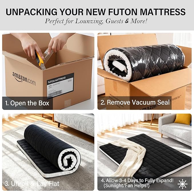 Tiita Japanese Floor Mattress, 4” Thicken Futon Mattress with Storage Bag and 2 Straps, Full Size Sleeping Tatami Mat for Adults，Black
